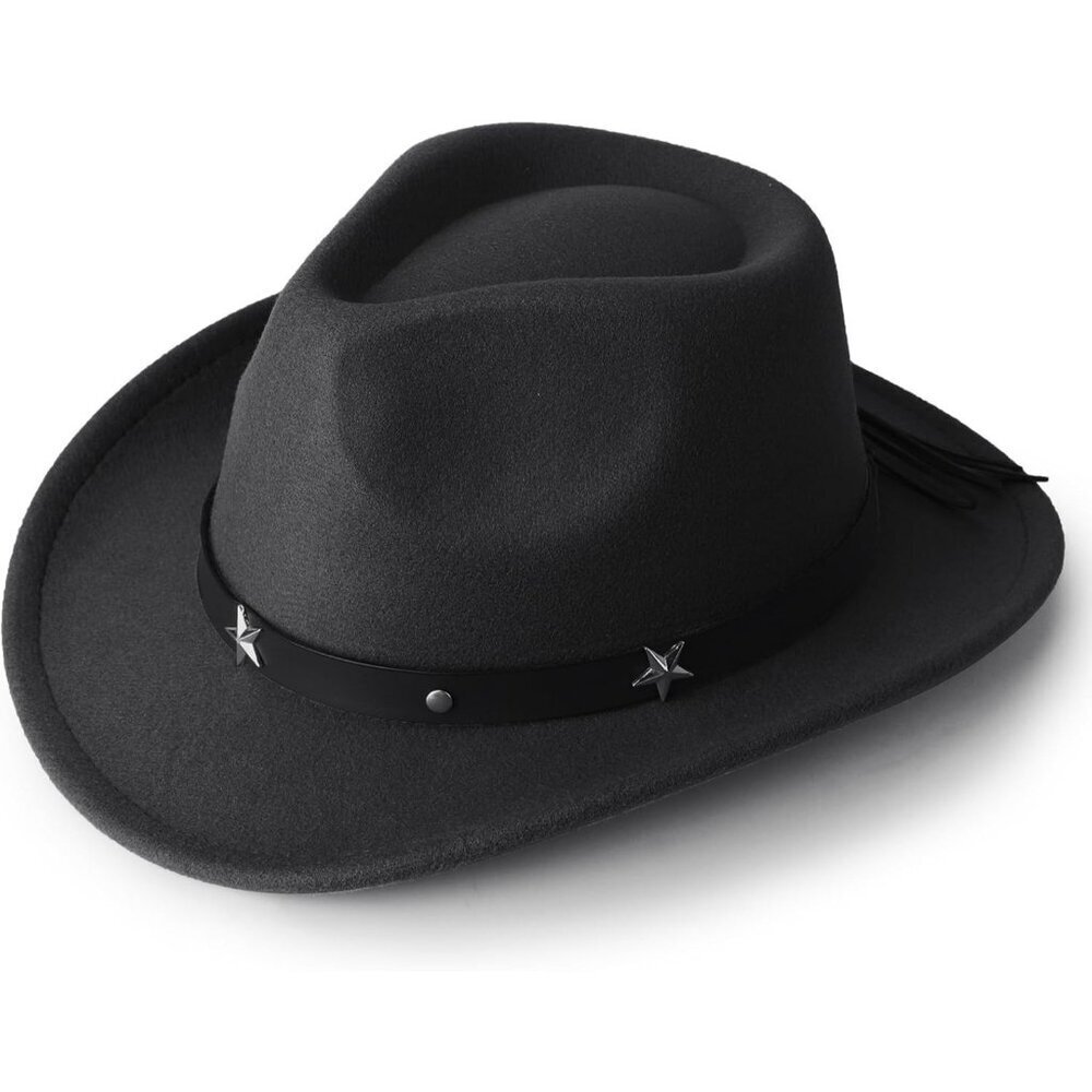 Women's Black Western Faux Star Stud Band Buckle Classic Fedora Cowboy Felt Hat